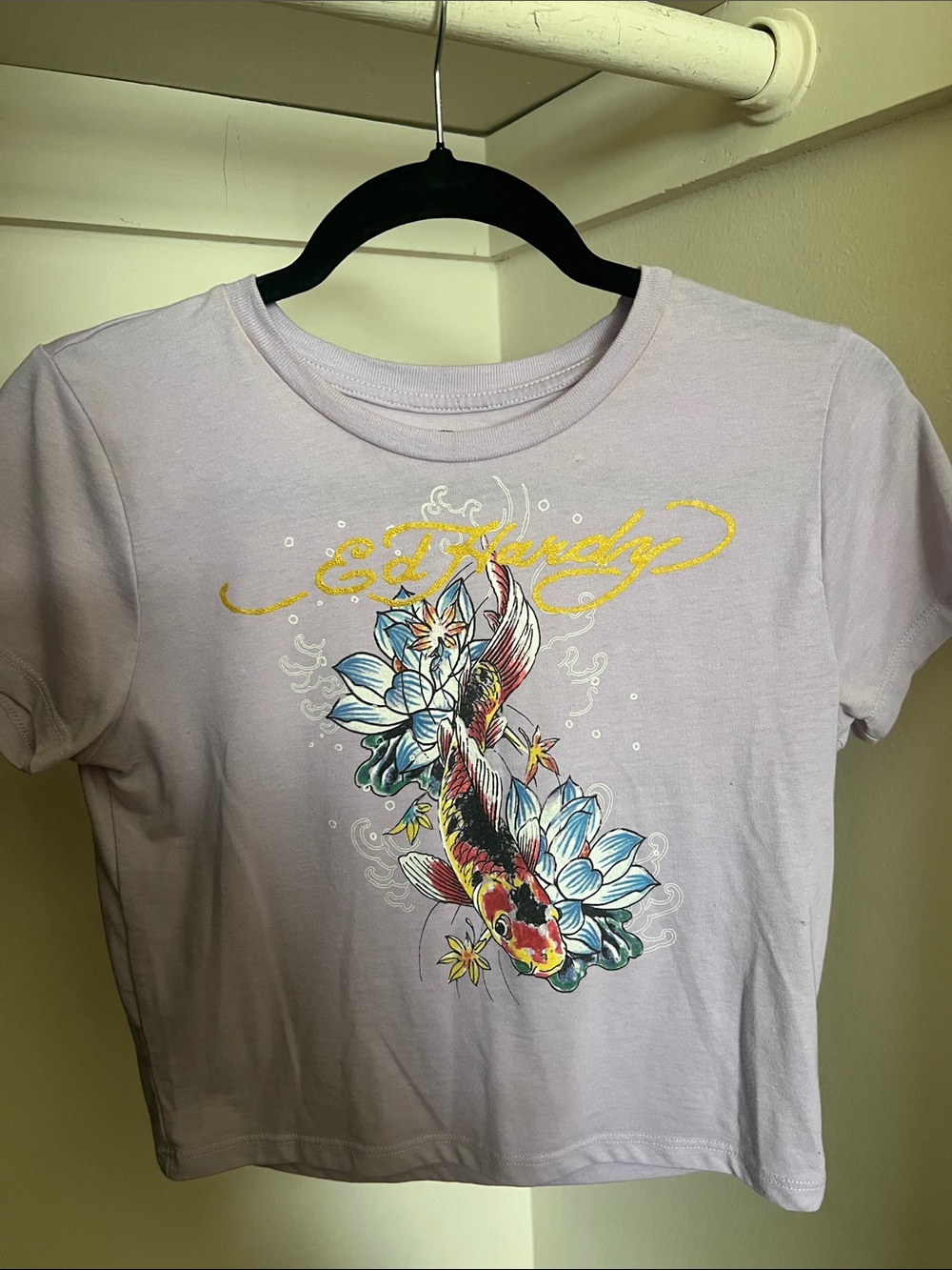 Ed Hardy Lavender Crop Top with Multicolor Koi Graphic